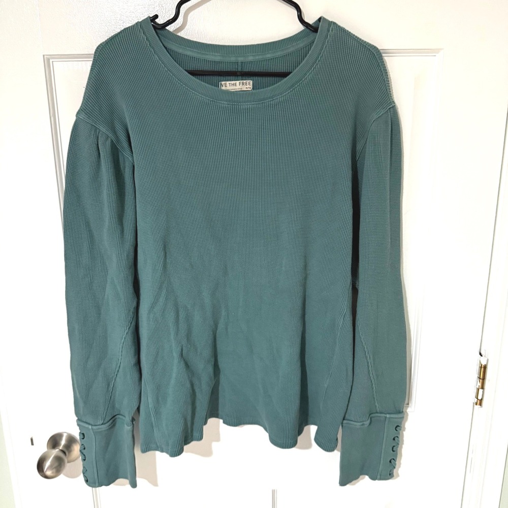 We The Free Free People Teal Waffle Knit Lace Up Cuff Thermal Top XL